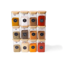 מארז 12 צנצנות תבלינים מרובעות עם מדבקות פוד אפיל