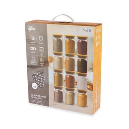 מארז 12 צנצנות תבלינים עגולות עם מדבקות פוד אפיל