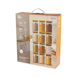 מארז 12 צנצנות תבלינים מרובעות עם מדבקות פוד אפיל